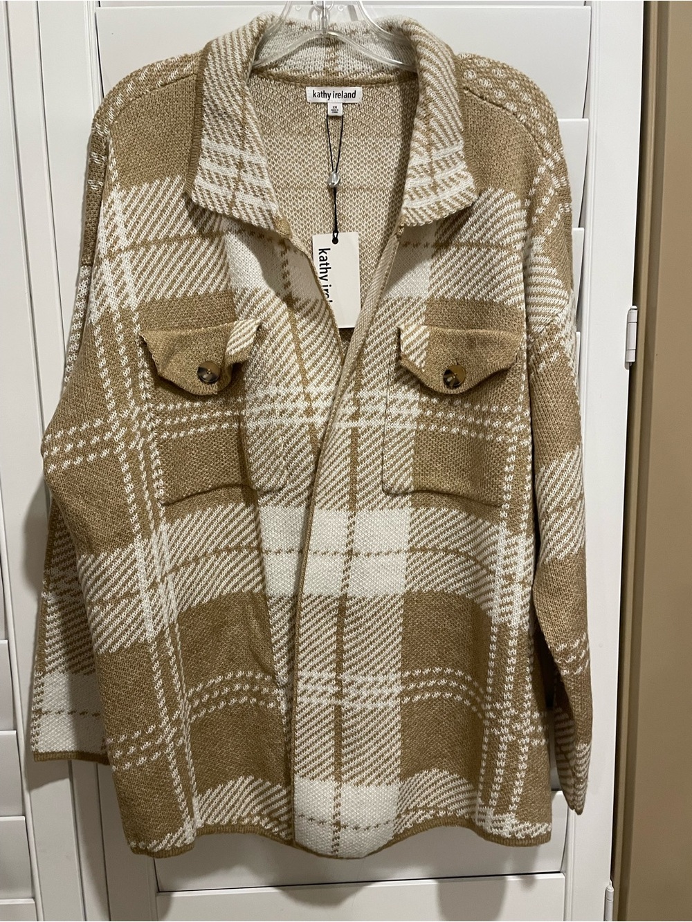 kathy ireland Plaid Knit Shacket in Cream and Tan